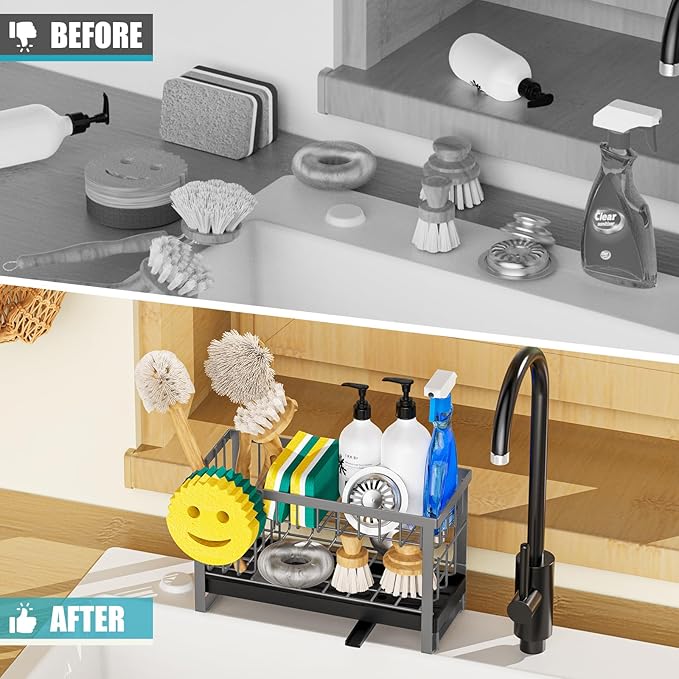 Sponge Holder for Kitchen Sink with Flexible Sponge Holder Smiley Face,2 Tier Kitchen Sink Organizer Countertop and Storage Essentials,Soap Dispenser Organize,Home Decor Accessories-Gray