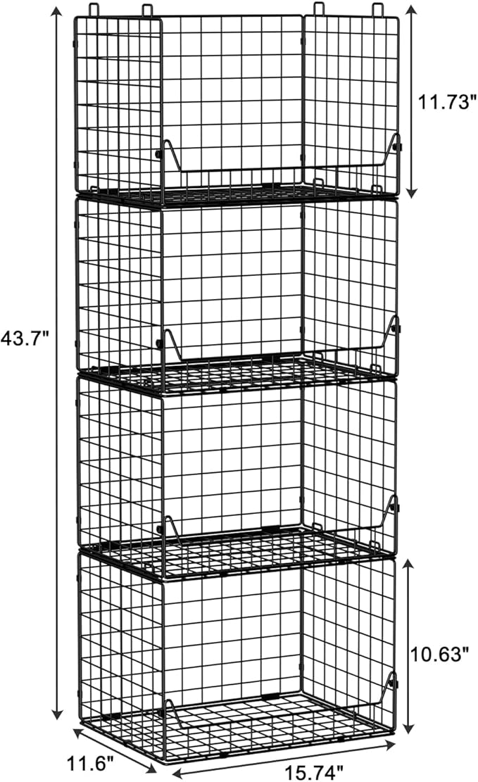 4-Tier Extra Height Stackable Closet Organizer – Foldable Storage Bins for Sweaters, Jeans, and Clothes – Sturdy Iron Mesh Shelves for Neat and Efficient Closet Storage – Black