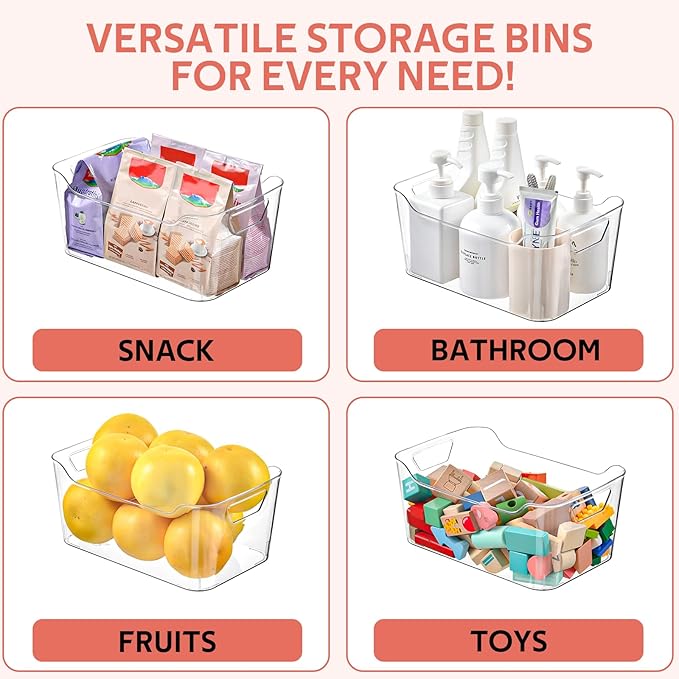 Clear Plastic Storage Bins - 12 Pack Pantry Organizers and Storage,Large Clear Pantry Organizer Bins, Plastic Containers with Handle for Kitchen,Freezer,Cabinet,Closet,Bathroom Under Sink