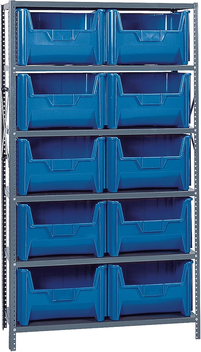 Quantum Storage Systems QSBU-700BL Solid Heavy Duty 6 Shelves 10 Giant Stack Blue Bins 75" H x 36" W x 18" D