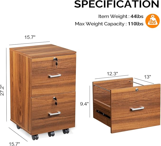 VINGLI 2-Drawer Rolling File Cabinet with Lock, Wood Mobile File Organization for Hanging Letter Size Filings Under Desk Filing Cabinets for Home Office, Assembly Required, Classic Walnut, 26.5" H
