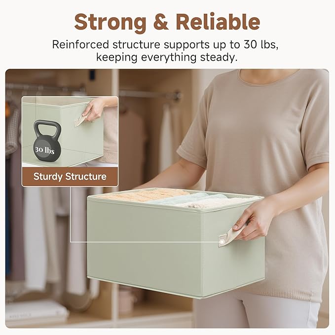 StorageWorks Storage Baskets for Shelves, Foldable Fabric Closet Storage Bins with Handles, Fabric Storage Bins Clothes Organizer, Light Green, 3-Pack, Large