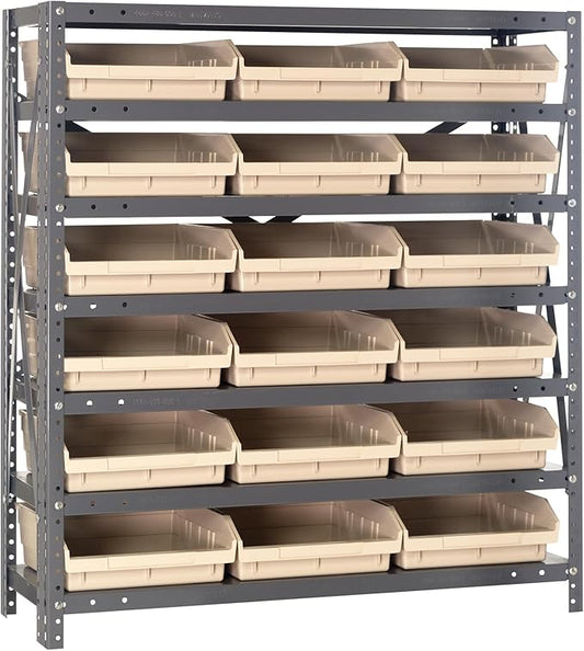 Quantum Storage Systems 1839-110IV Steel Shelving Unit with 4' Shelf Bins, 18' D x 36' W x 39' H, Ivory