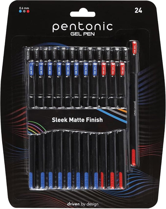 Pentonic Gel Pens, 24 Count, Assorted Colored Ink (12 Black, 8 Blue, 4 Red), 0.6 mm Fine Point, Smooth Writing For Journaling & Notetaking (1002354)