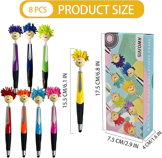 8pcs Mop Head Ballpoint Pens, Funny Mophea Topper Pen with Plush Hair Writing Click Pen Portable Cute Cartoon Multi-function Signing Pens Decor Gift for Office Home Kids and Adultes 8-color outfit
