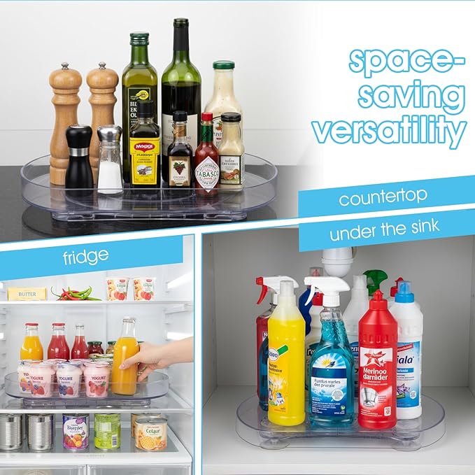 Lazy Susan Turntable for Refrigerator, 15"x11" Rotating Spice Rack Organizer 360°Clear PET Organizer Storage Tray Cabinet, Pantry Countertop with Suction Cups Large Rectangular Fridge Shelf