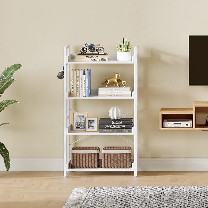 Rolanstar Bookshelf 4 Tier with 4 Hooks, Industrial Wood Bookcase, Vintage Storage Rack with Open Shelves, Rustic Standing Bookshelves Metal Frame Display Rack for Living Room, Bedroom, White