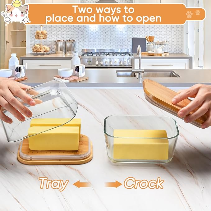 Butter Dish With Glass Lid - Airtight Seal for Freshness, Large Butter Dish for East and West Coast Butter, Ideal for Countertop and Refrigerator Storage, Premium Glass Butter Keeper