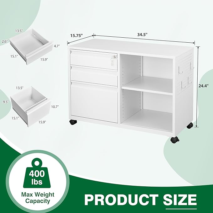 3 Drawer Metal File Cabinet with Lock,Mobile Lateral Filing Cabinet,Printer Stand Storage Cabinets with Shelves for Home Office(White)