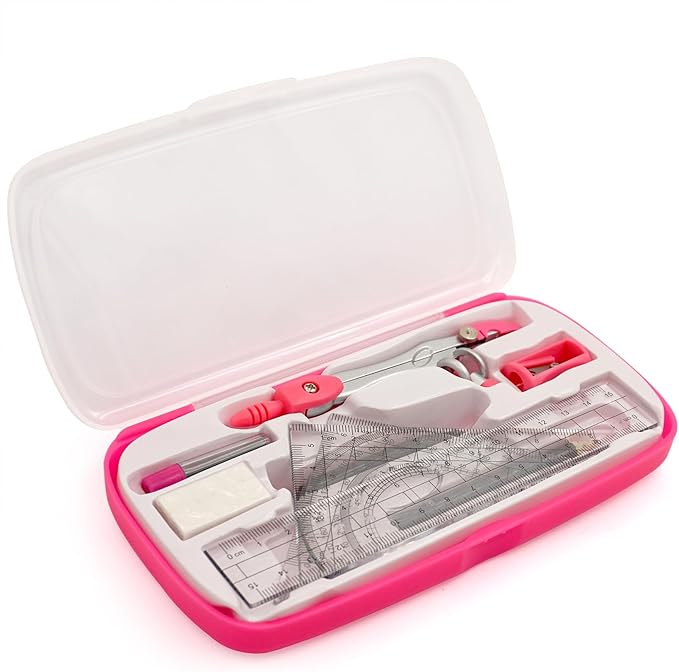 Geometry Compass Set Drafting Tools for School Students Geometry Compass Kit with Protractor, Set Squares, and Ruler Organized in a Plastic Case for Math Sarter and Homework – Stylish Pink