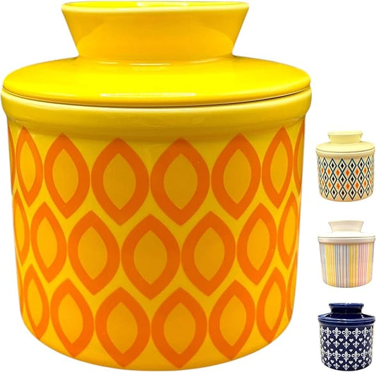 Butter Crock with Lid for Countertop, Butter Keeper Crock with Water, French Butter Dish Ceramic, Butter Holder with Lid for Spreadable Butter, Butter Container for Counter (Yellow Ovals)