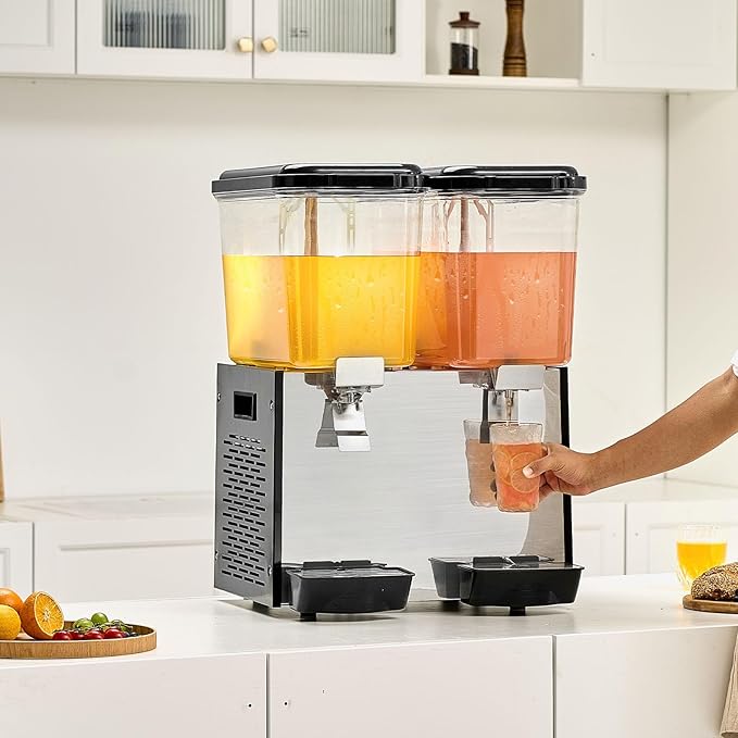 VEVOR Commercial Beverage Dispenser, 2 Tanks 18 L / 19 QT Per Tank Juice Dispenser, 370W Stainless Steel Ice Tea Drink Machine with 45°F-54°F Cooling Temperature, for Cold Drink Restaurant Bar Party