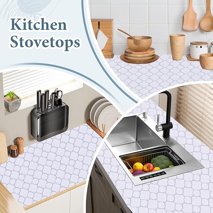 Shelf Liners for Kitchen Cabinets 17in x 30FT Non Adhesive Drawer Liner Silver Quatrefoil Shelf Liner Paper Strong Non-Slip Easy to Clean for Tool Box Refrigerator with Knife and Tape Measure