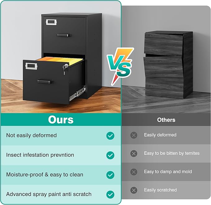 SISESOL 2 Drawer File Cabinet with Lock,Narrow Vertical Filing Cabinet,Under Desk File Cabinets,Black Metal File Cabinets for Home Office,Fit Letter/A4/Legal Size File,Easy Assembly