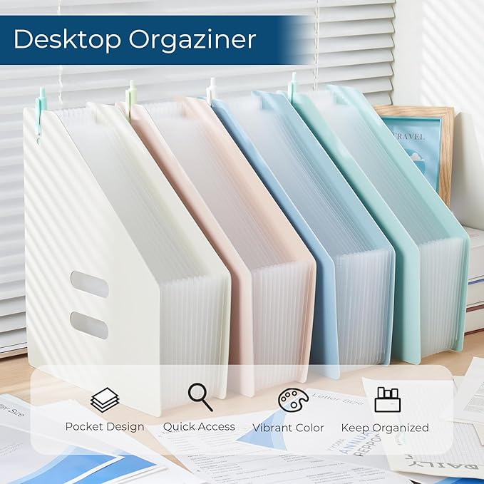 Y YOMA 2 Pack Expanding Magazine Holder with 13 Pockets | Portable Desktop Plastic Self Standing Accordion File Organizer for A4 Letter Size Document Storage Home Office School, Mint Green