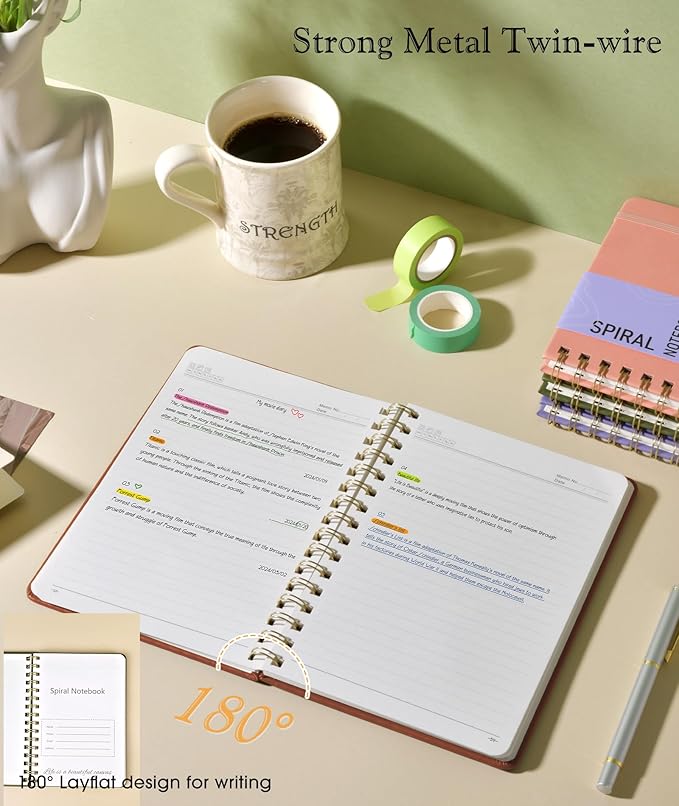 Lined Spiral Journal Notebook, A5 Hardcover Spiral Journals for Women Men, 150 Numbered Pages Spiral Bound Notebook, 100 GSM College Ruled Notebooks for Writing Note Taking 5.75" x 8.38", Brown