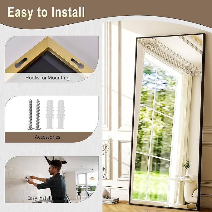 GLSLAND 68" x 24" Full Length Mirror - Rectangle Floor Mirrors Aluminum Alloy Frame Full Body Mirror for Bedroom, Living Room, Cloak Room,Black