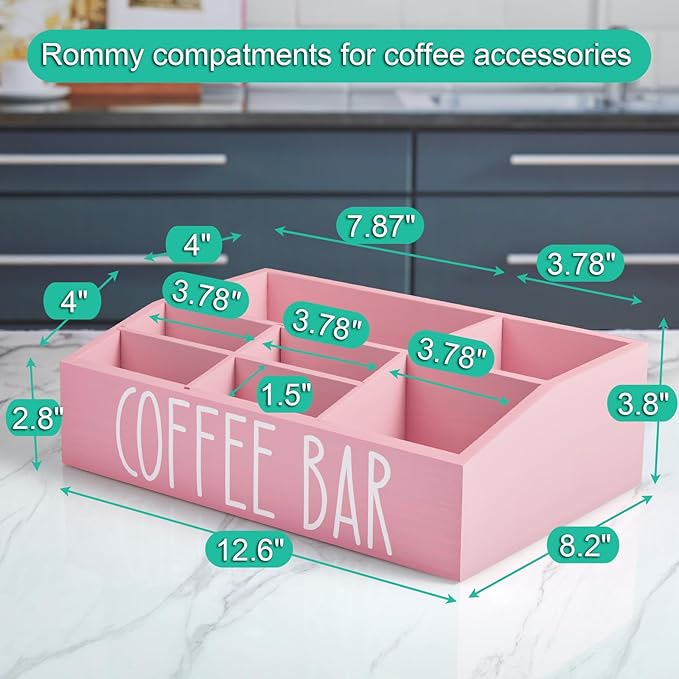 ALELION Pink Coffee Station Organizer for Countertop - 7 Compartments Coffee Bar Accessories and Organizer with Removable Dividers - for Pink Kitchen Coffee Bar Decor