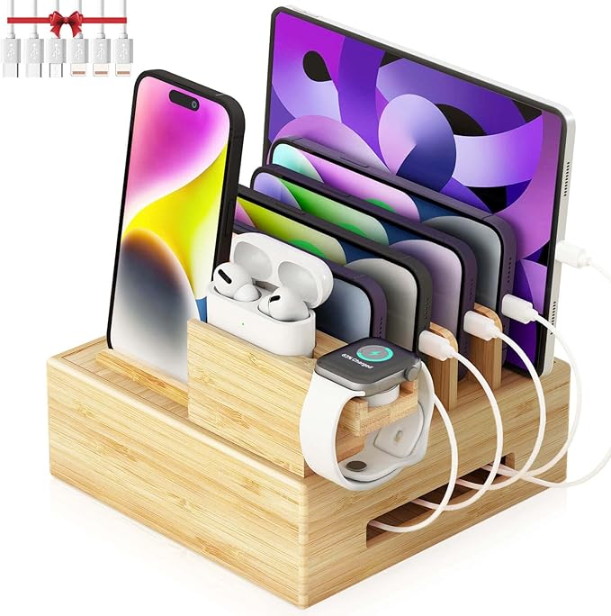 Darfoo Bamboo Charging Station for Multiple Devices - Wood Family Charging Station with 7 USB Ports and 1 Watch-Earbud Stand for Phones, Tablets, Smart Watches & Earbuds