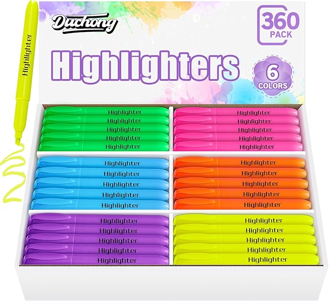 Duchong 360 Highlighters Bulk, Highlighters Assorted Colors for Adult Kids, Chisel Tip Dry-Quickly No Bleed Highlighter, Office Classroom Must Have, School Supplies for Teachers