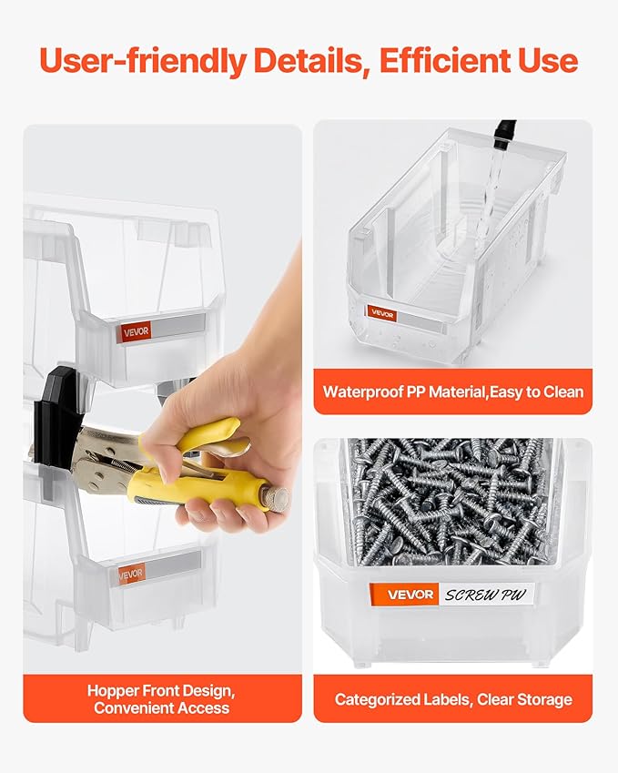 VEVOR Plastic Stackable Storage Bins, 10.9 x 5.5 x 5.1 inch (8 Pack), Plastic Containers for Organizing & Storage Bins for Closet, Garage, Small Parts, Office Supplies, Other Accessories, Transparent