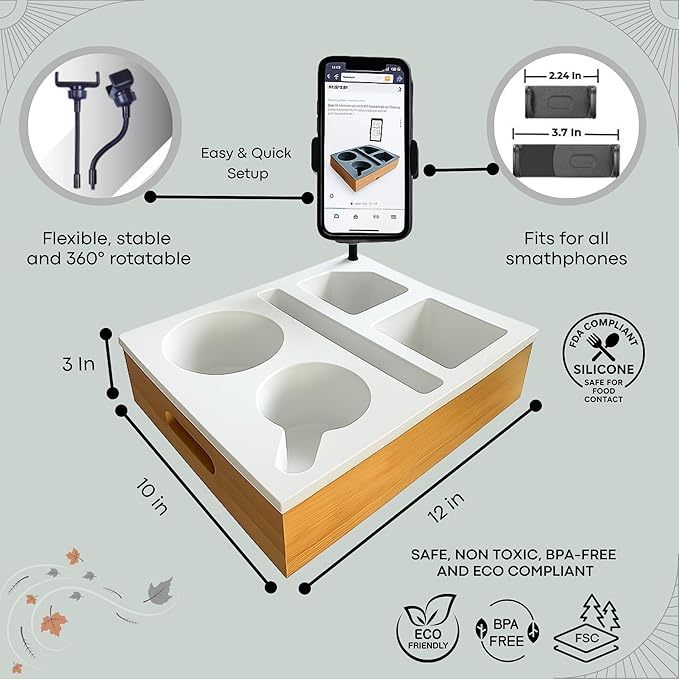 Couch Caddy with Cup Holder | Bamboo Couch Cup Holder Tray for Drinks, Snacks & Remotes | Couch Tray for Bed, Car Seat & Beach Organizer (White)