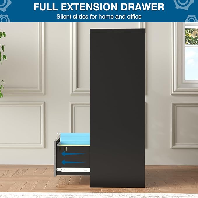 4 Drawer File Cabinet, Lateral Filing Cabinets for Home Office, Office Storage Drawers with Lock, Hanging Files Legal/Letter A4 Size (Assemble Required,Black Grey)