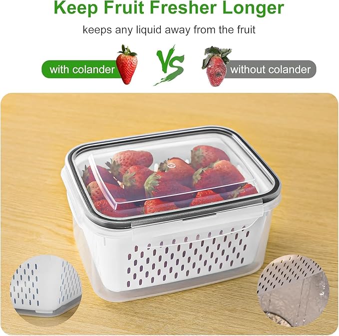 Freshmage Fruit Storage Containers for Fridge with Removable Colander, Airtight Food Storage Container, Dishwasher Safe Produce Saver for Refrigerator, Keep Berry Fruit Fresh Longer 10 pcs Large Clear