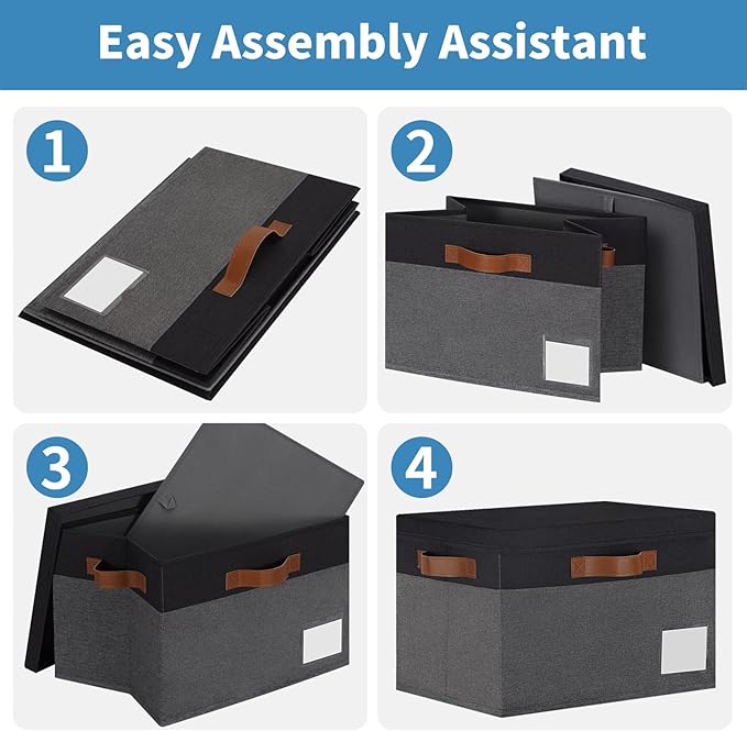 GhvyenntteS Fabric Storage Bins with Lids 3 Pack, Closet Storage Boxes with Lid and 3 Handles, Foldable Storage Baskets with Lids and Label Window for Home Office (Grey&Black, 15" x 11" x 9.7")