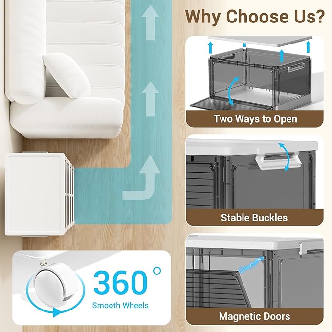 Storage Bins with Lids,4 Tier Stackable Storage Bins with Drawers,4 Pack Collapsible Plastic Boxes with Wheel-1 Lid,23QT Foldable Containers for Closet Living Room Bedroom Office(Grey)