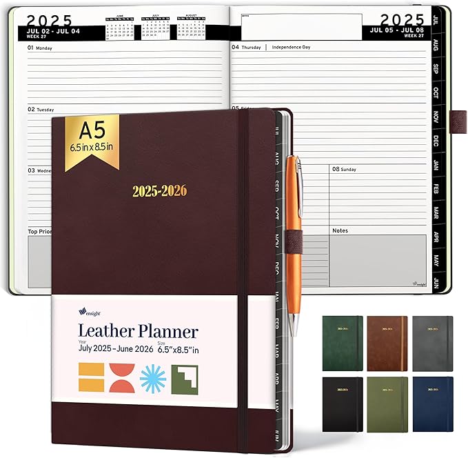 Ensight 2025-2026 HARDCOVER Leather Planner Weekly & Monthly - 6.5x8.5 Inches - Academic Planner Business Personal or Student - Pen Holder, Thick Paper, July 2025 - June 2026 (Red)