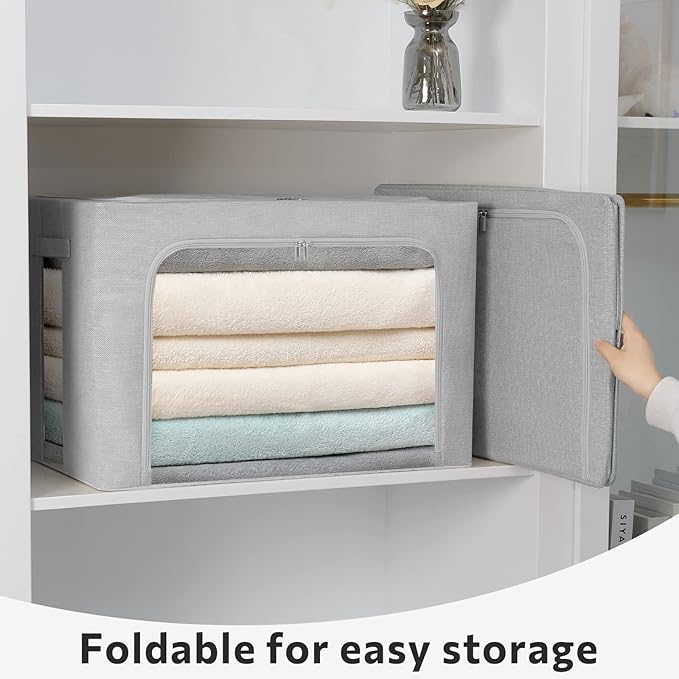 FHSQX 2 Pack Clear Window Storage Bins - Large Stackable Linen Fabric Storage for Clothes Foldable Container Organizer Set with Carrying Handles (Light Gray, 23.6x 16.5x 15.7 Inch)