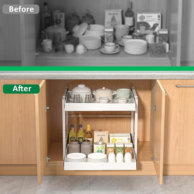 REALINN 2 Tier Pull Out Cabinet Organizer, 21 inch Depth Slide Out Shelves, Expandable 14"-22.5" Wide Heavy-Duty Cabinet Drawers for Kitchen Pots, Pans & Pantry Storage, White