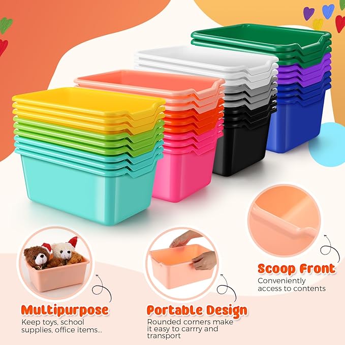 Dandat 24 Pcs Book Bins for Classroom Plastic Cubby Bins Bulk Classroom Storage Baskets Stackable Assorted Colors Toy Storage Containers for Library Home Office School Nursery Playroom