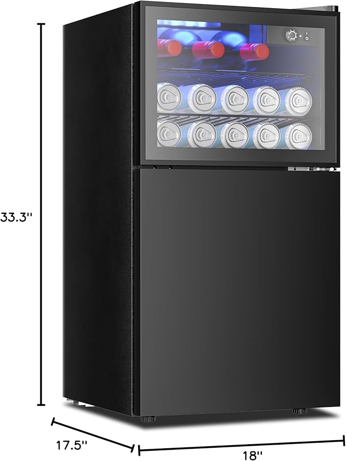 EUHOMY Double Door Mini Fridge With Freezer, Freestanding Wine Cooler Refrigerator With Reversible Door, Compact Refrigerator Temperature Control, Wine Fridge Perfect For Kitchen Home Office.