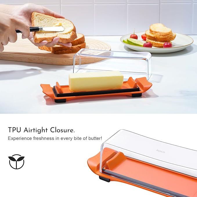 Butter Dish, IKOCO Airtight Butter Dish with Lid for Countertop and Refrigerator, Dishwasher Safe Butter Holder Container for Eastern and Western butter, Orange