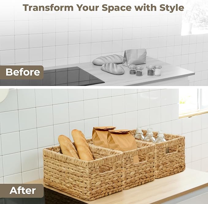 KOKODO Pack 3 Medium Wicker Storage Baskets with Chalkboard, Stylish and Durable Water Hyacinth Rectangle Handwoven Basket Bin with Metal Frame & Handle for Room Organizing