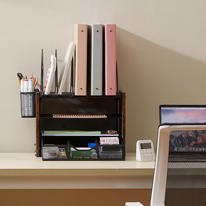 Y YOMA Mesh Desk Organizer with Drawer, 4-Tier Wood Desktop Organizer with 5 Vertical File Holders and 2 Pen Holders Office Desk Accessories for Home Dorm Classroom