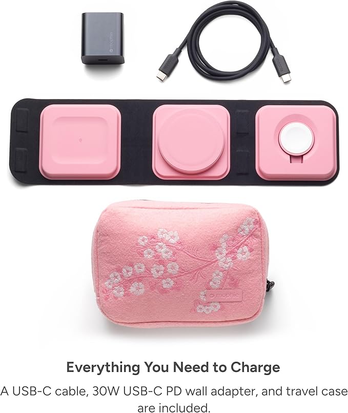 Mophie 3-in-1 Travel Charger with MagSafe - Portable Wireless Charging Hub, Compatible w/iPhone 17/16/15/14/13/12 Series, Apple Watch Series 11 to 1 & Ultra, AirPods Pro/3rd Gen, Cherry Blossom Pink