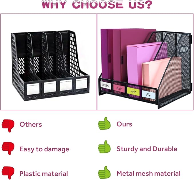 Desk Organizers, Metal Magazine File Holder with 4 Vertical Compartments Rack Binder File Organizer for Office Supplies, Home Workspace - Black