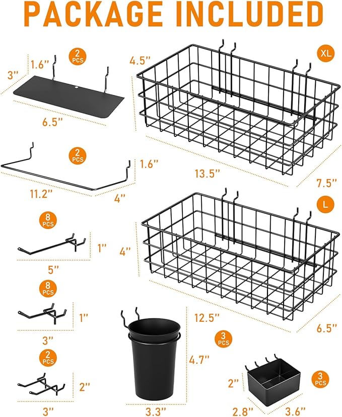 INCLY 30PCS Peg Board Organizer Accessories Kit, Pegboard Hooks Assortment with Bins, Cups, Wire Baskets and Paper Towel Holder for 1/8“ and 1/4” Pegboard Garage Workbench Craft Room Organizing Tools