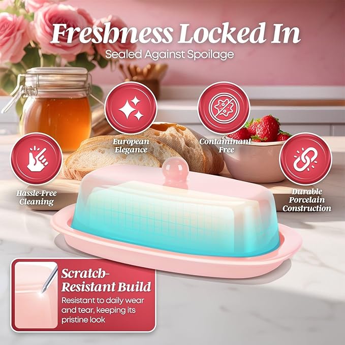 Flexzion Ceramic Pink European Butter Dish with Lid for Countertop (7 Inch) - 1 Stick Butter Holder for Counter, Cream Cheese Container Storage Keeper