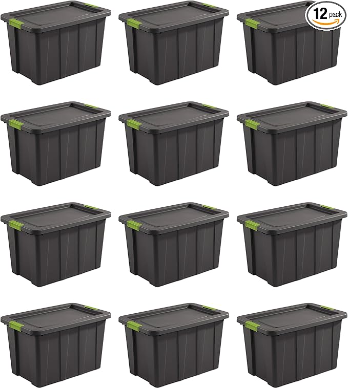 Sterilite 12-Pack Storage Bins with Lids, Heavy Duty Totes, Tuff1, 30 Gallon, Flat Gray