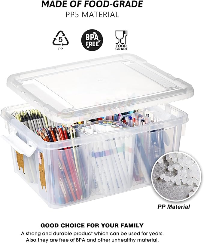 loobuu 17QT Plastic Storage Bins with Lids - 1 Pack Art Craft Supply Organizer Box with Brush Pot for Kids, Stackable Clear Pen Container for Toy/Sewing/Comestic/Tool/Playdoh (1 Pack)