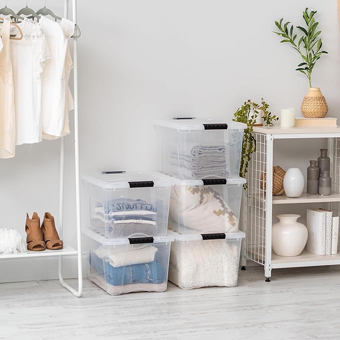 IRIS USA 40 QT Plastic Storage Box with Lid and Latches - 6 Pack - BPA-Free, See-Through Organizing Solution, Durable Nestable Stackable Containers, Secure Pull Handle - Clear