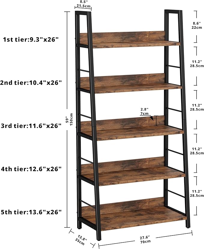 IRONCK Industrial Bookshelves and Bookcases, Ladder Shelf 5 Tiers with Metal Frame for Living Room, Home Office, Rustics Brown