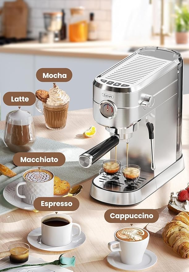 Gevi Commercial Espresso and Coffee Makers, Professional 20 Bar Espresso Maker with Milk Frother, Stainless Steel Expresso Coffee Machines for Home, Compact Cappuccino Machine, Great Gift