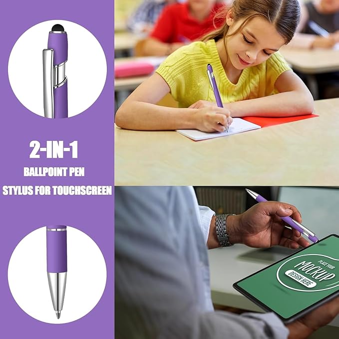 8 Pcs Blue Ink Ballpoint Pen with Stylus Tip 2 in 1 Stylus Ballpoint Pen Metal Pens Stylus Pen for Touch Screens School Office Coworkers (Purple)