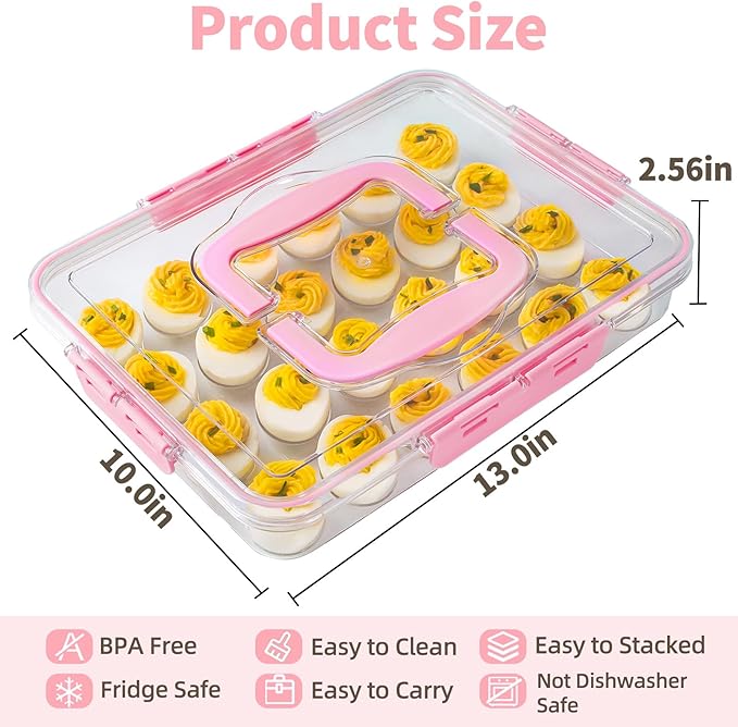 Deviled Egg Containers with Lid and Handle, Durable Clear Plastic Deviled Egg Carrier Storage 24 Eggs, Stackable Egg Holder for Fridge, Portable Tray Platter for Party & Picnics-1 Pack Pink