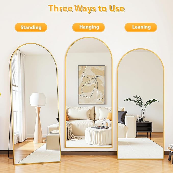 Full Length Mirror, 71"x26" Oversized Floor Mirror Freestanding, Full Body Mirror Floor Standing Mirrors with Stand, Hanging Mounted Mirrors for Bedroom Living Room, Gold, Arched Style